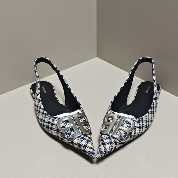 Authentic Balenciaga Women's Houndstooth Slingback Flats - Black and White - Picture 2 of 5